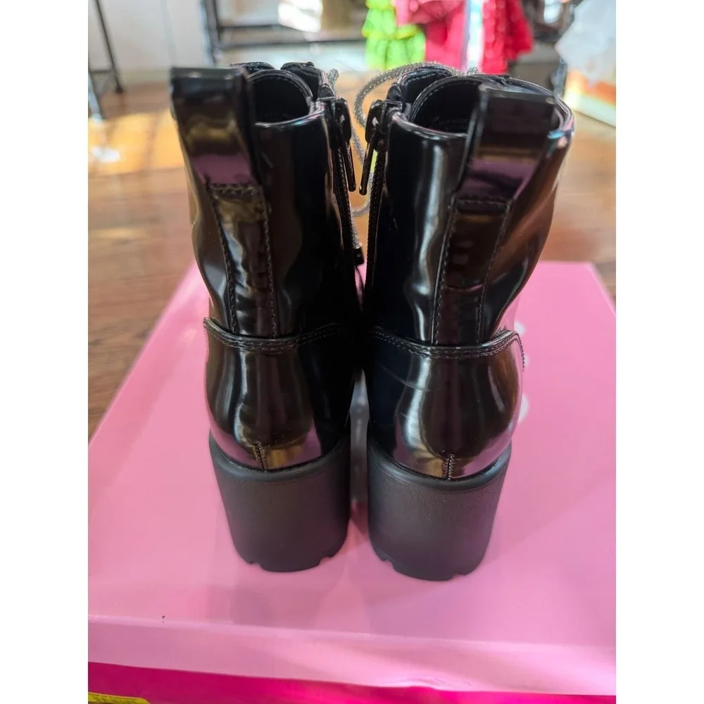 36. GB Girls Black Patent Rhinestone Lace Up Combat Boots Pearl Accents Size 13M